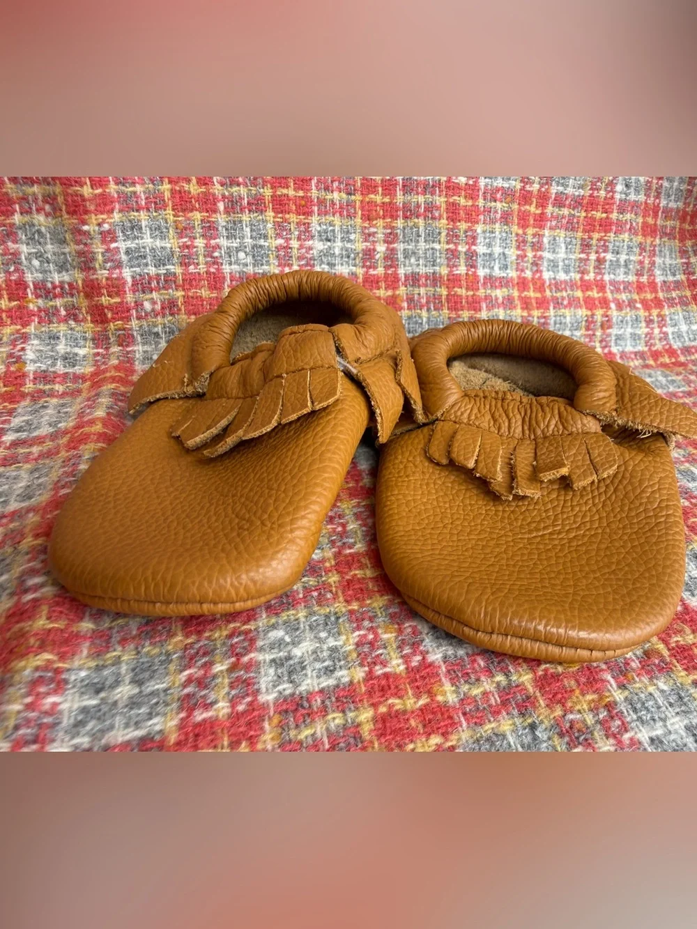 BIRDROCK boho baby Leather Fringe Moccasins - tan Brown size 6,5 NWOT
